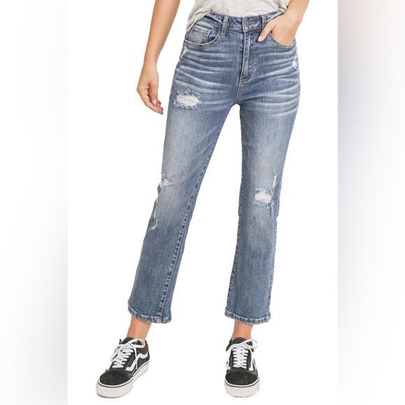 Risen Denim Straight Leg Distressed Chewed Accent Jeans | Medium Blue | 30/11 - Picture 1 of 9